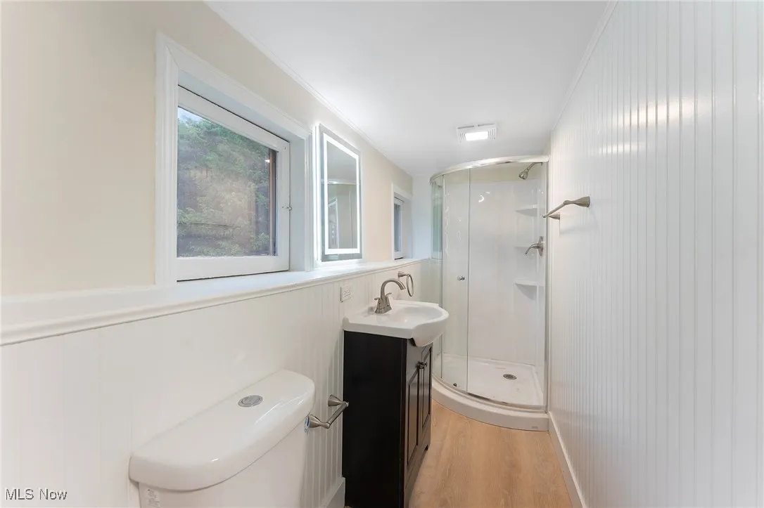 Bathroom featuring a shower stall, wood finished floors, vanity, and a wainscoted wall