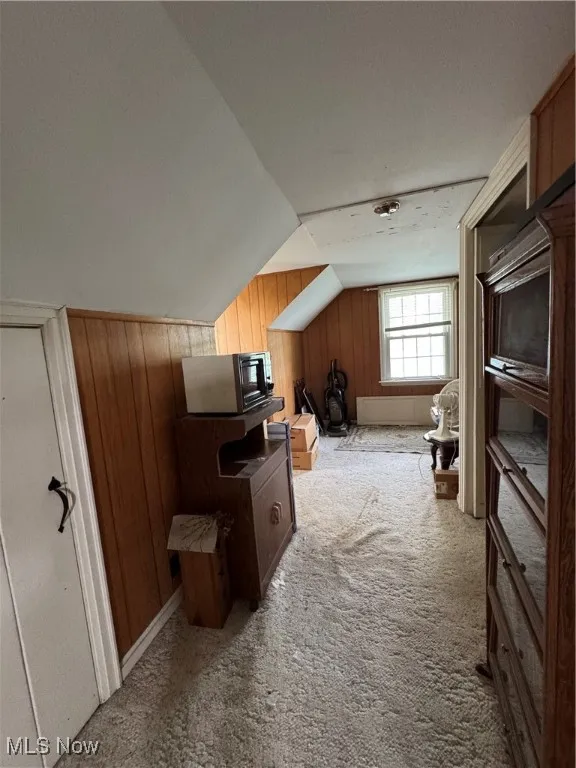 Bonus room featuring wooden walls, lofted ceiling, and carpet floors