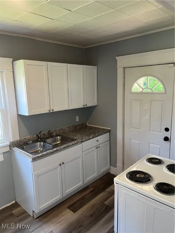 Kitchen featuring stove, crown molding, dark wood-style flooring, and white cabinetry