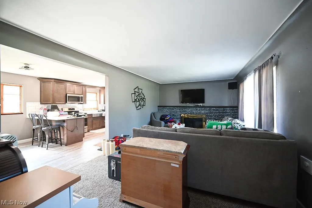 Living area featuring a fireplace and light wood finished floors