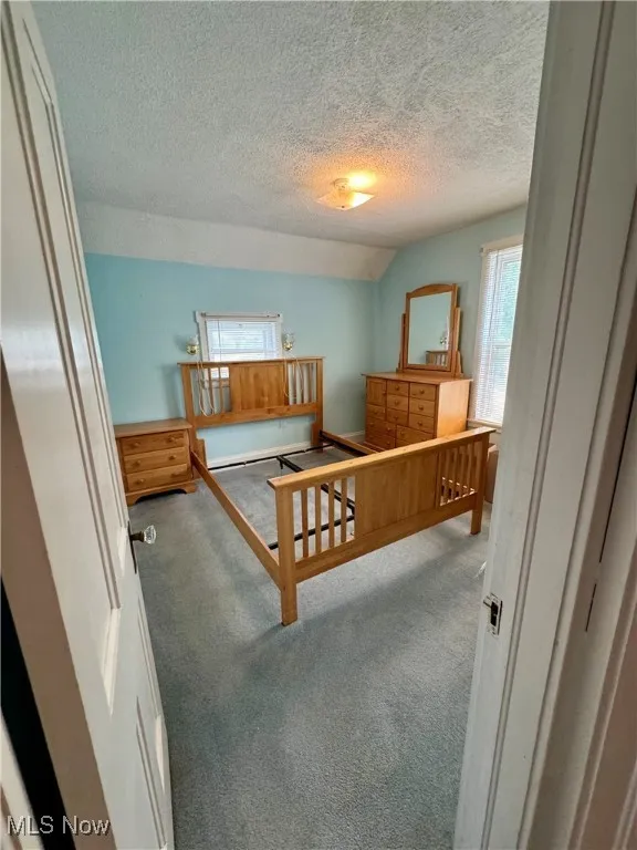Bedroom with carpet flooring, a textured ceiling, and lofted ceiling