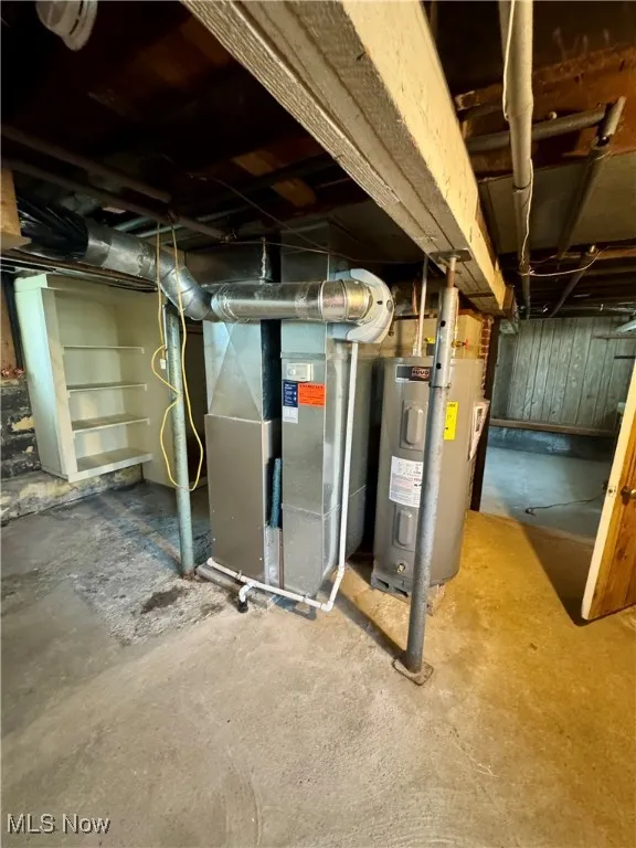 Unfinished below grade area with water heater and heating unit