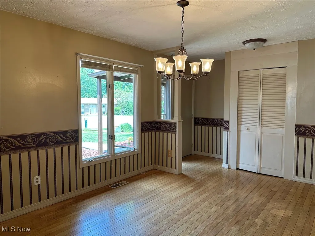 Dining area with chandelier