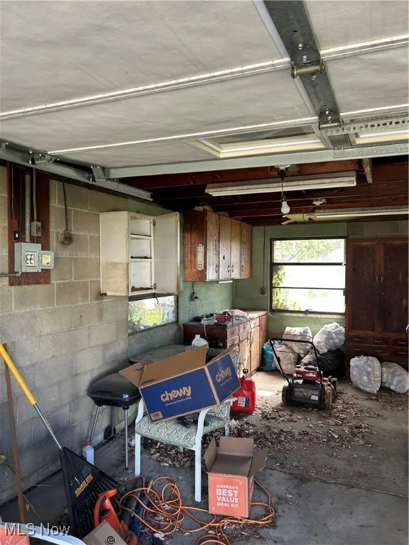 Garage with concrete block wall