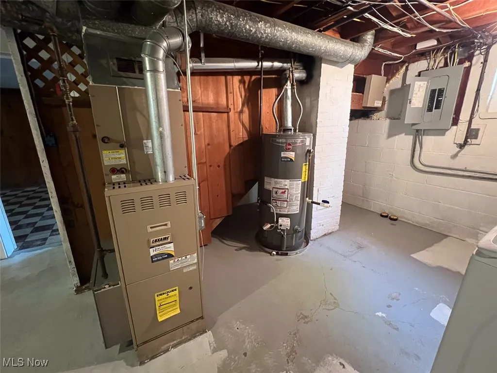 Utilities with gas water heater, electric panel, and heating unit