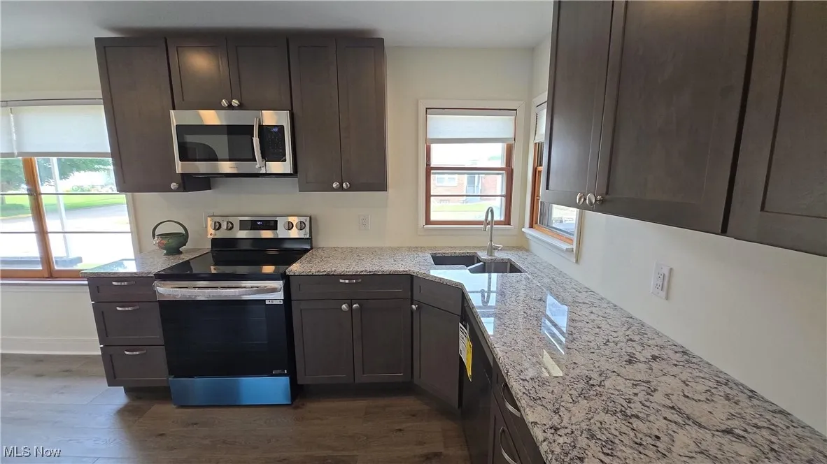 Kitchen featuring stainless steel appliances, plenty of natural light, dark wood finished floors, and light stone countertops