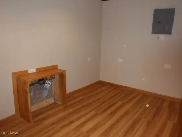 Unfurnished room with electric panel and light wood-style floors