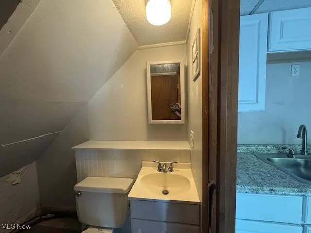 Half bathroom featuring vaulted ceiling and vanity