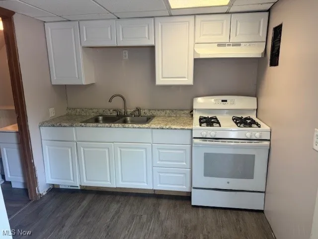 Kitchen with gas range gas stove, under cabinet range hood, dark wood-type flooring, a drop ceiling, and white cabinets