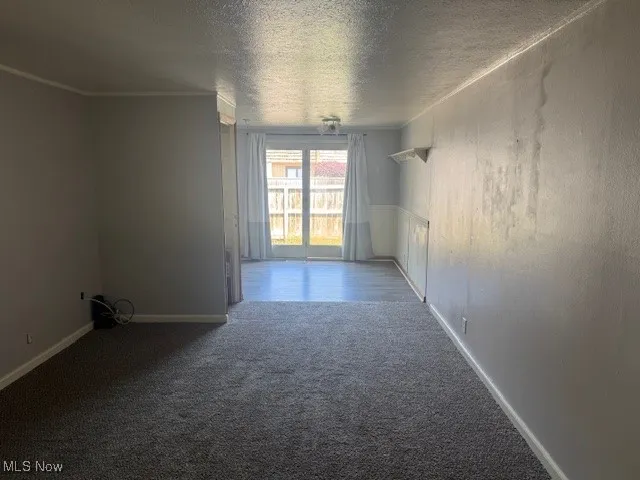 Empty room featuring carpet floors, a textured ceiling, and ornamental molding