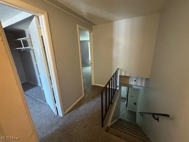 Stairs featuring carpet and a textured ceiling