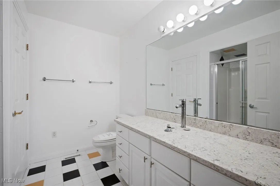 Full bath with vanity and a stall shower
