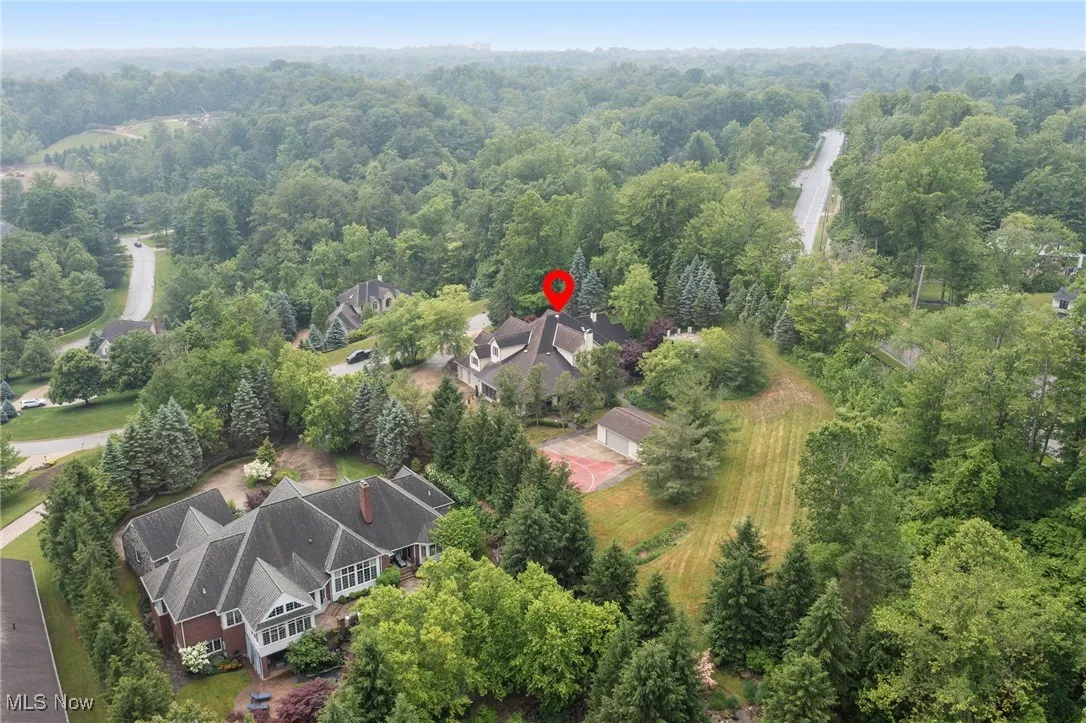 Aerial view of a heavily wooded area
