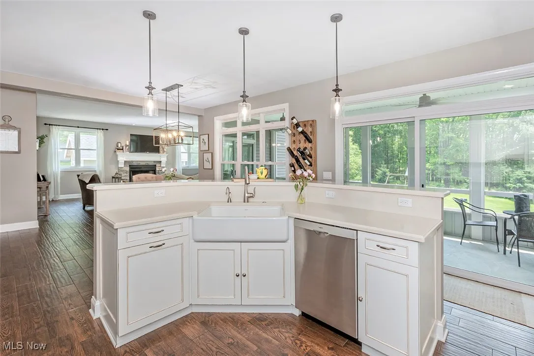 Spacious island with farmhouse sink, dishwasher and a great view out to the enclosed pation and backyard.