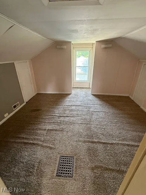 Bonus room with vaulted ceiling and carpet