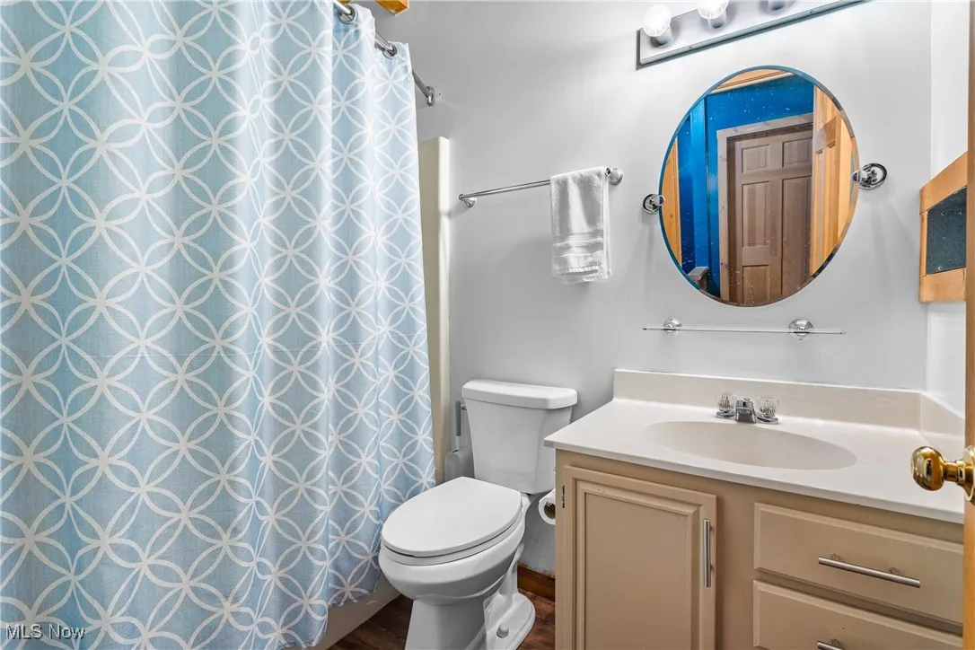 Full bathroom featuring vanity and a shower with shower curtain
