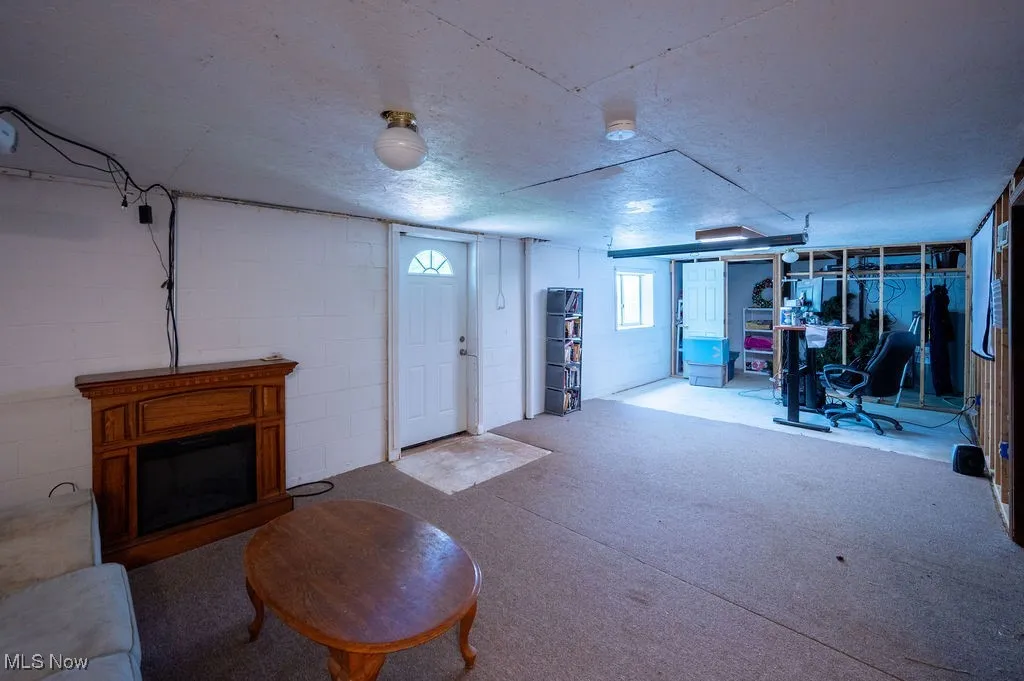 Below grade area with a fireplace, carpet flooring, and concrete block wall