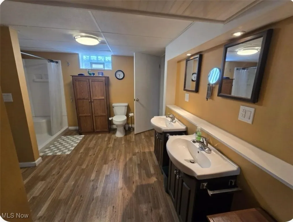 Full bath featuring wood finished floors, a shower with curtain, and two vanities