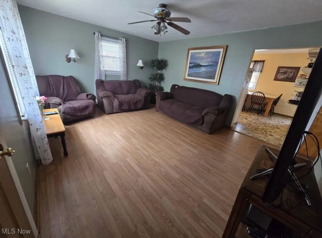 Living room featuring wood finished floors and ceiling fan