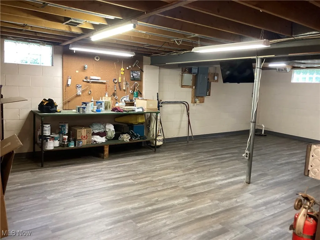 Below grade area featuring wood finished floors, electric panel, and a workshop area