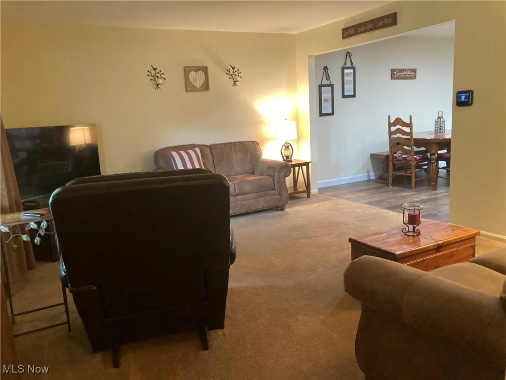 Carpeted living room featuring baseboards