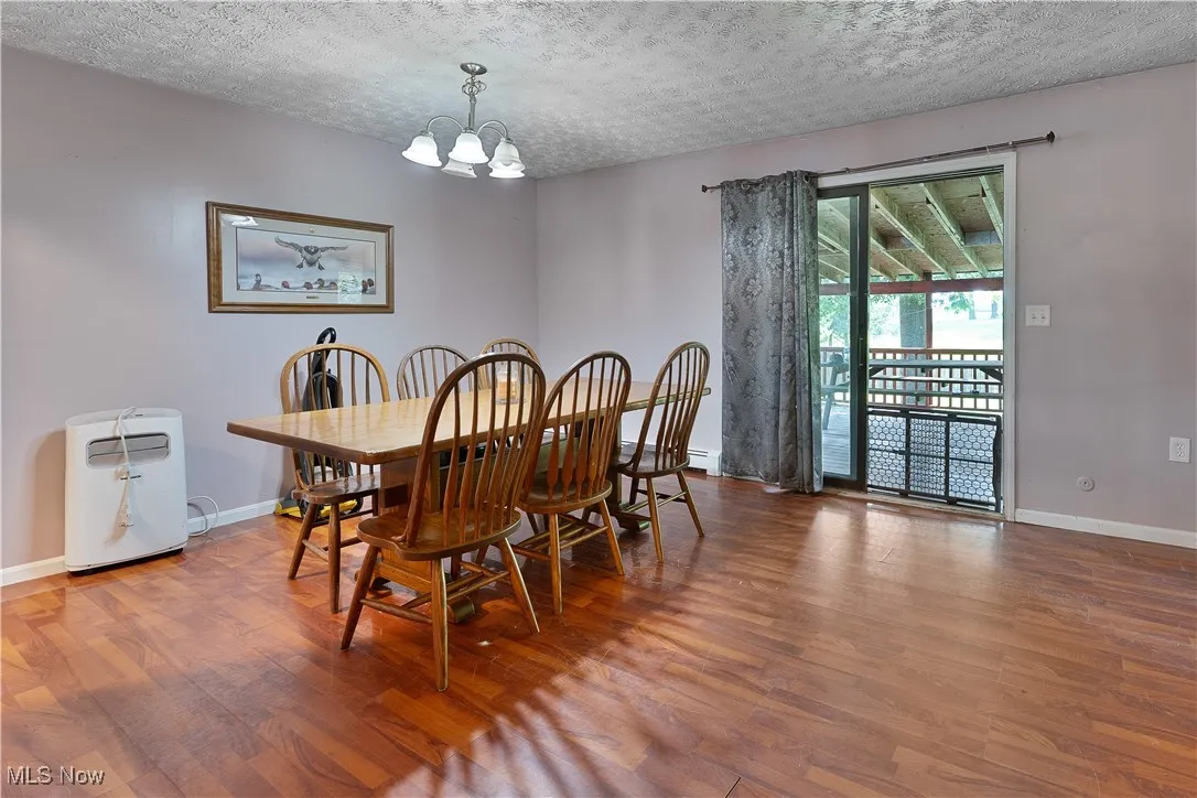Dining space featuring a chandelier, wood finished floors, a textured ceiling, and a baseboard heating unit