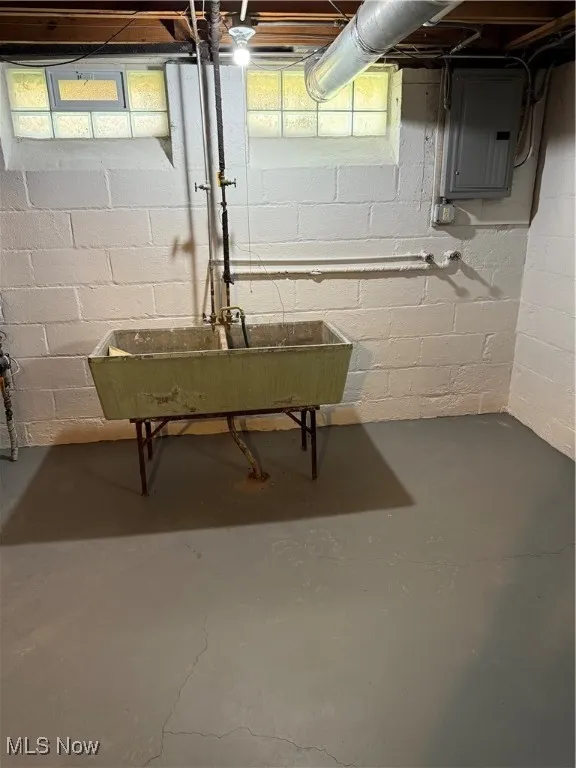 Below grade area with electric panel and a sink