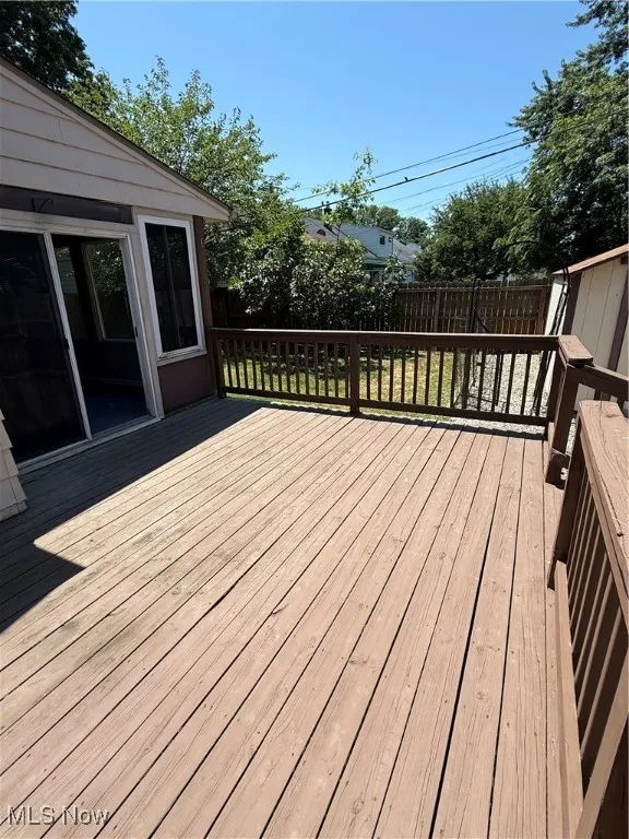Wooden deck featuring a fenced backyard