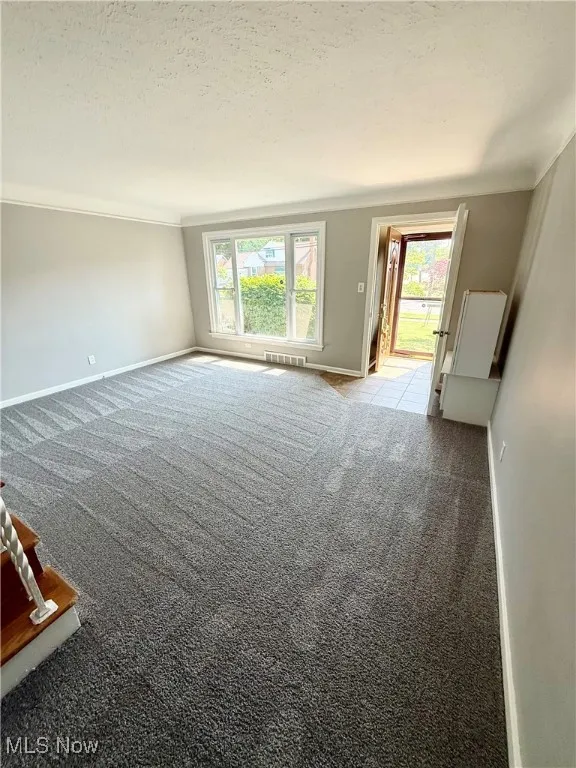Unfurnished living room with carpet, crown molding, and a textured ceiling