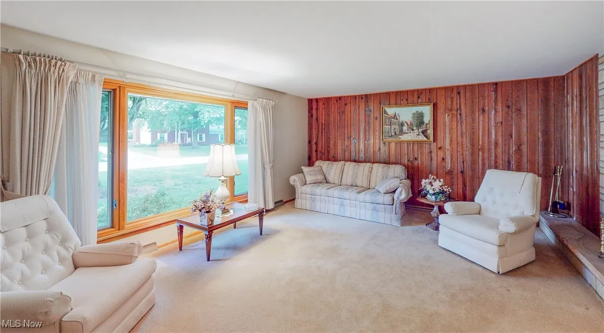 Carpeted living room with wooden walls