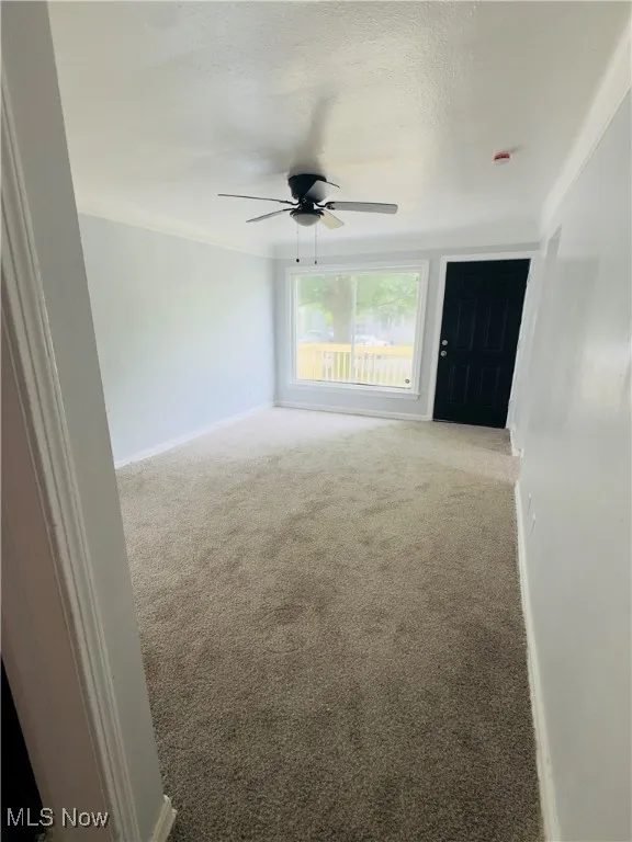 Carpeted empty room featuring a ceiling fan and a textured ceiling