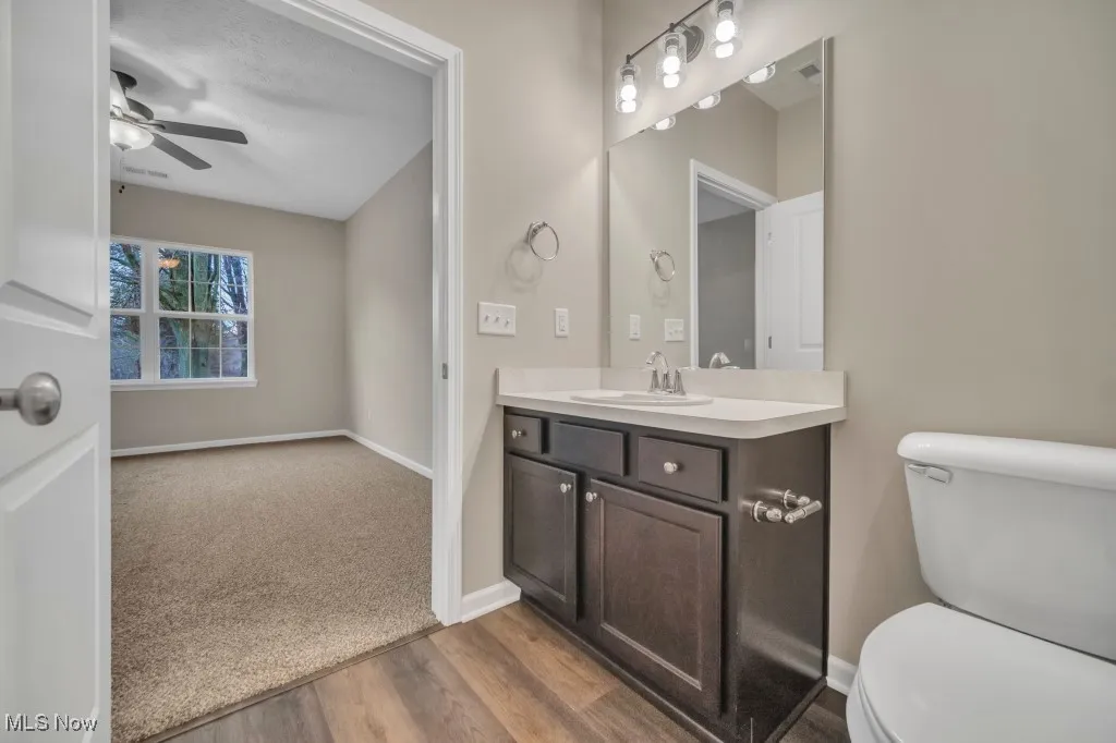 Half bathroom featuring vanity, wood finished floors, and a ceiling fan