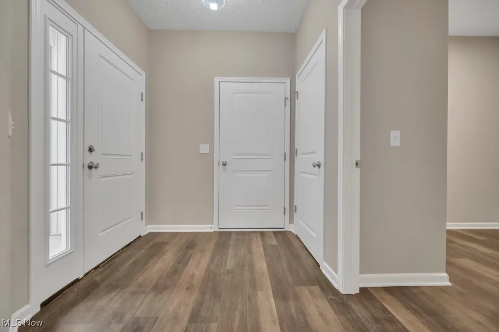 Foyer featuring dark wood-style flooring and a textured ceiling