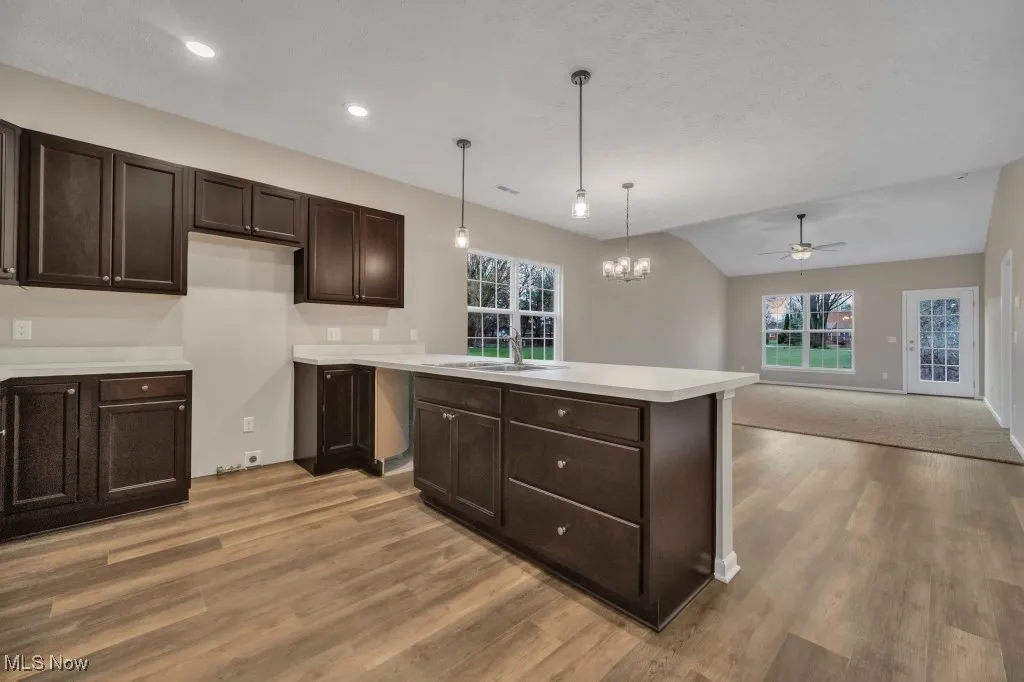 Kitchen with light wood-type flooring, healthy amount of natural light, a ceiling fan, dark brown cabinets, and recessed lighting