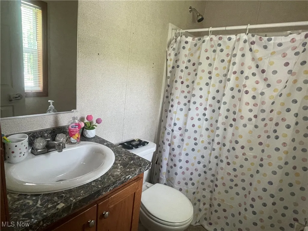 Full bathroom featuring vanity and a shower with shower curtain