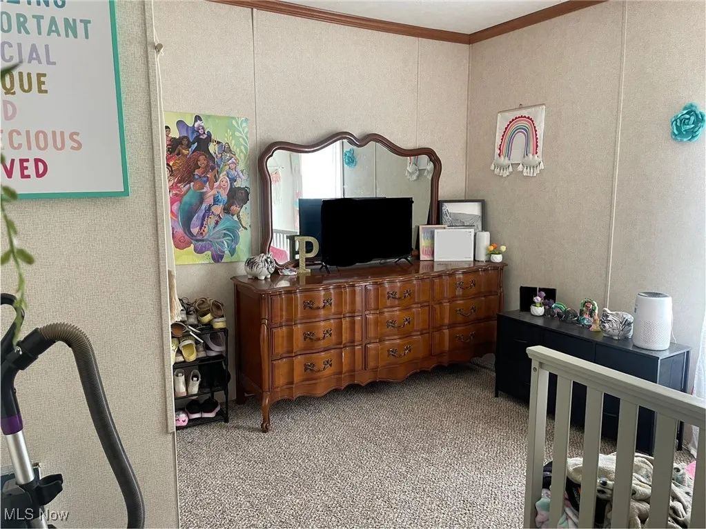Carpeted bedroom featuring ornamental molding