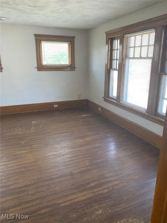Spare room with baseboards and dark wood-style floors