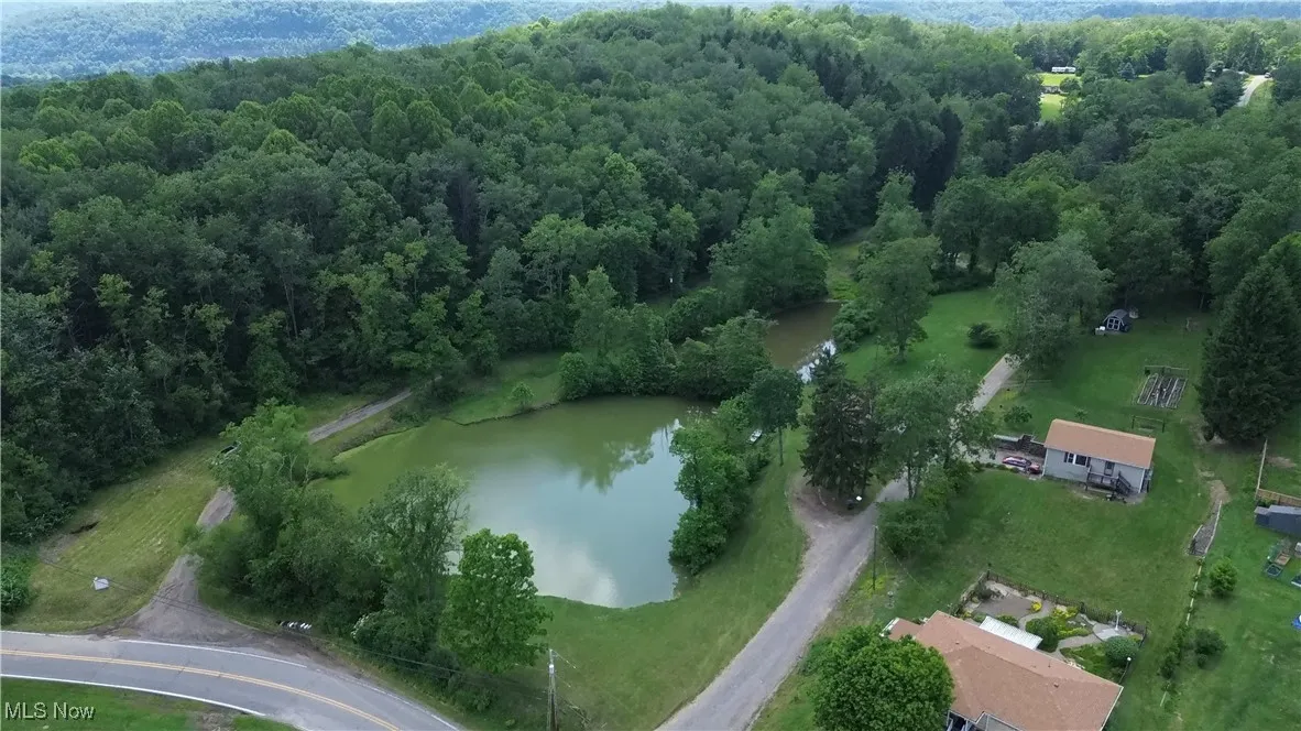 Aerial view of property's location featuring a large body of water and a forest