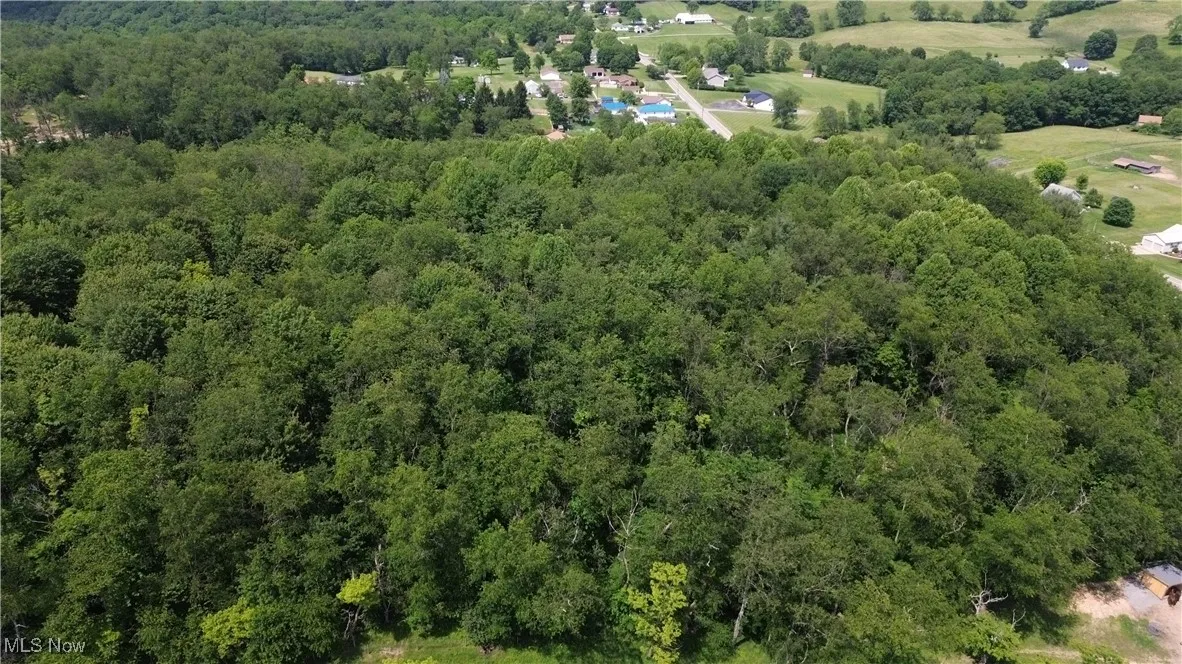 Aerial overview of property's location with a heavily wooded area