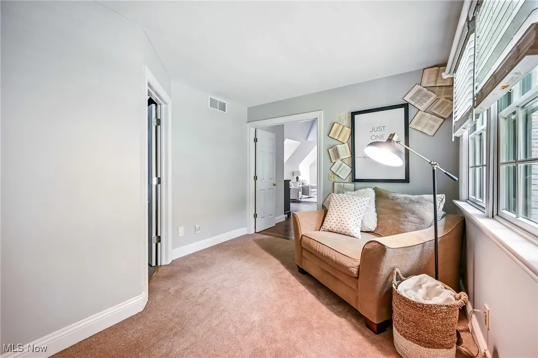 Living area featuring carpet and baseboards