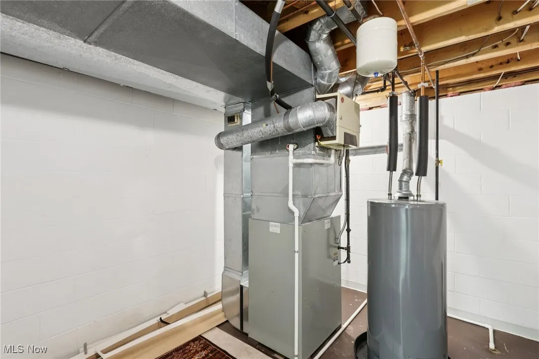 Utility room featuring water heater and furnace