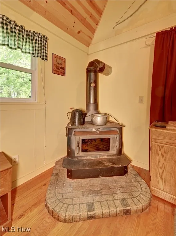 Detailed view of a wood stove, wood finished floors, and wooden ceiling