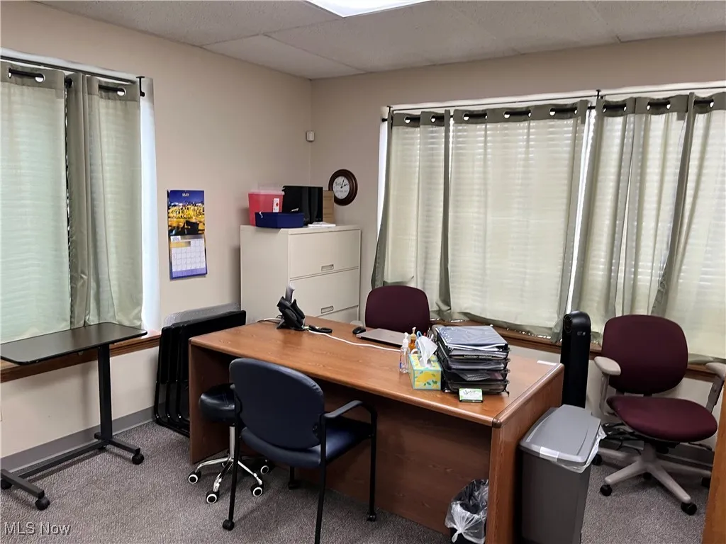 Carpeted office space with a drop ceiling
