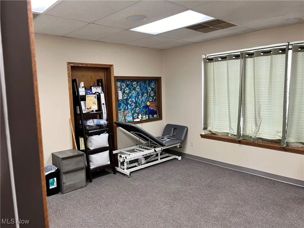 Workout area featuring carpet floors and a paneled ceiling