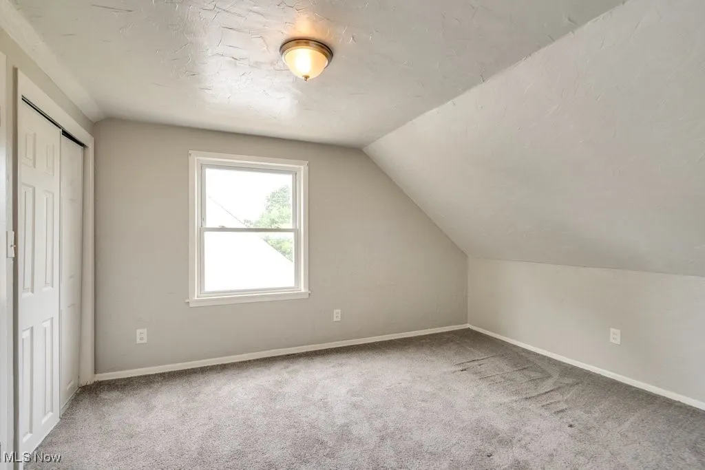 Additional living space featuring carpet floors, lofted ceiling, and a textured ceiling