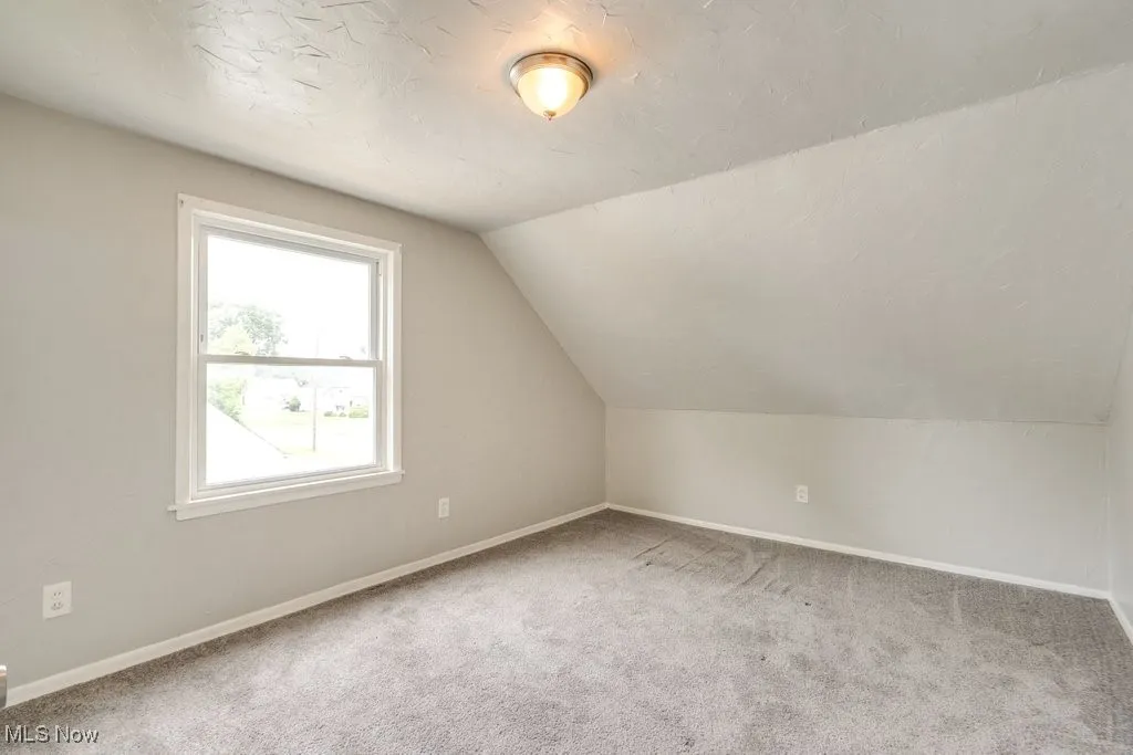 Additional living space with vaulted ceiling and carpet flooring