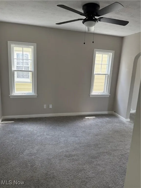 Empty room featuring a textured ceiling, healthy amount of natural light, a ceiling fan, and carpet