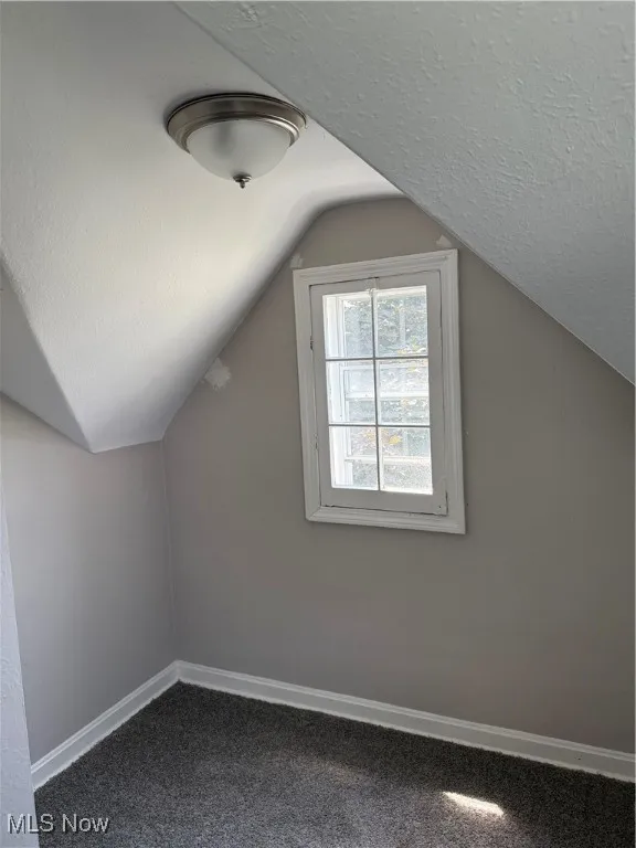Additional living space with dark colored carpet and lofted ceiling