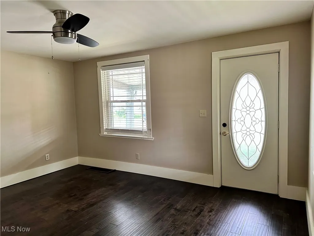 Foyer entrance featuring dark wood-style flooring and a ceiling fan