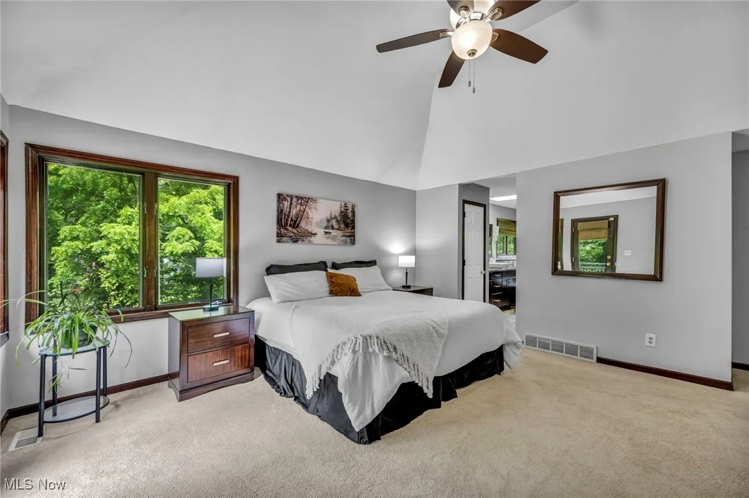 Primary Bedroom lots of natural light, light colored carpet, high vaulted ceiling,